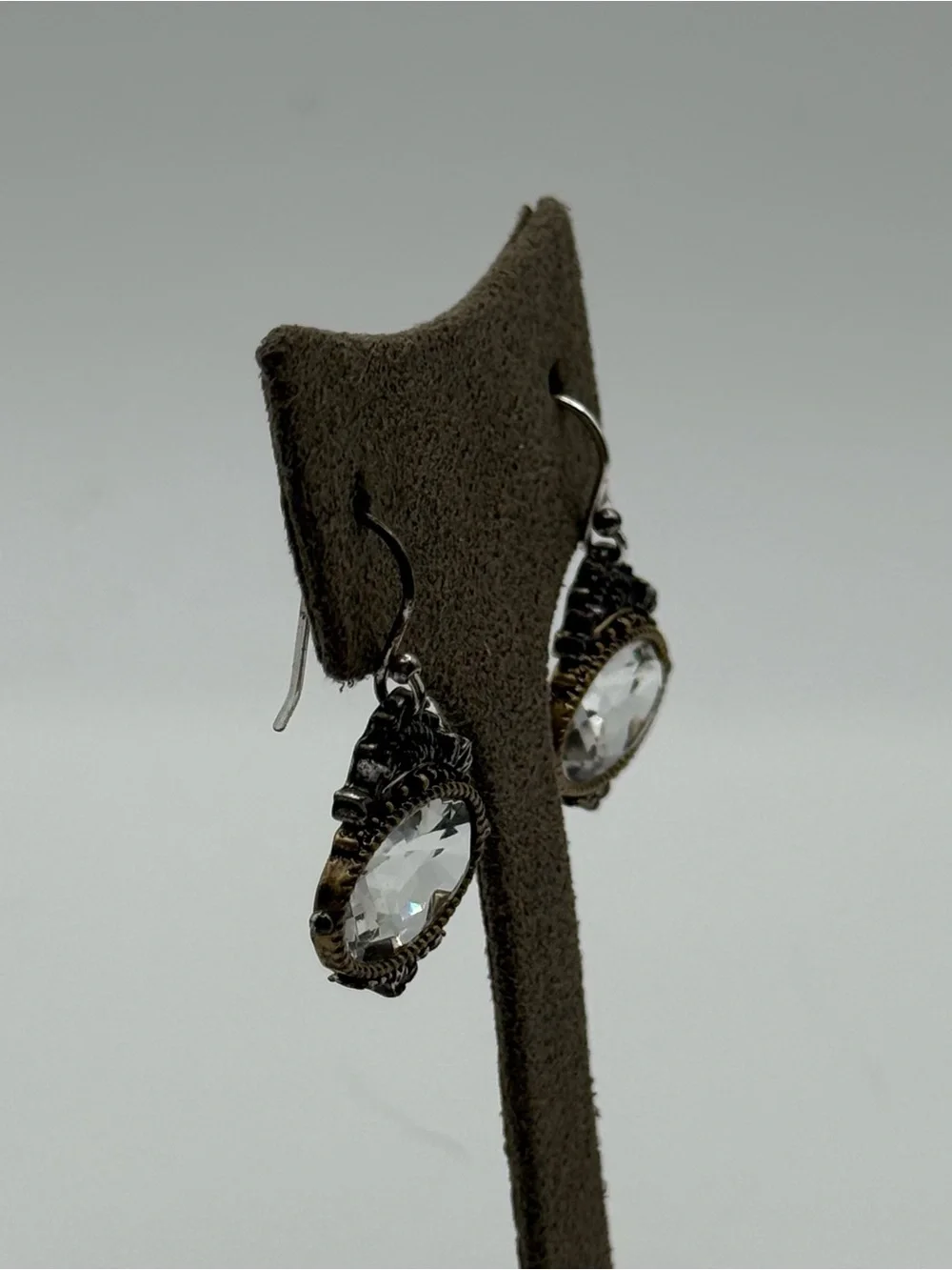 Crystal glass Drop Dangle Earrings in Clear and Antique Silver